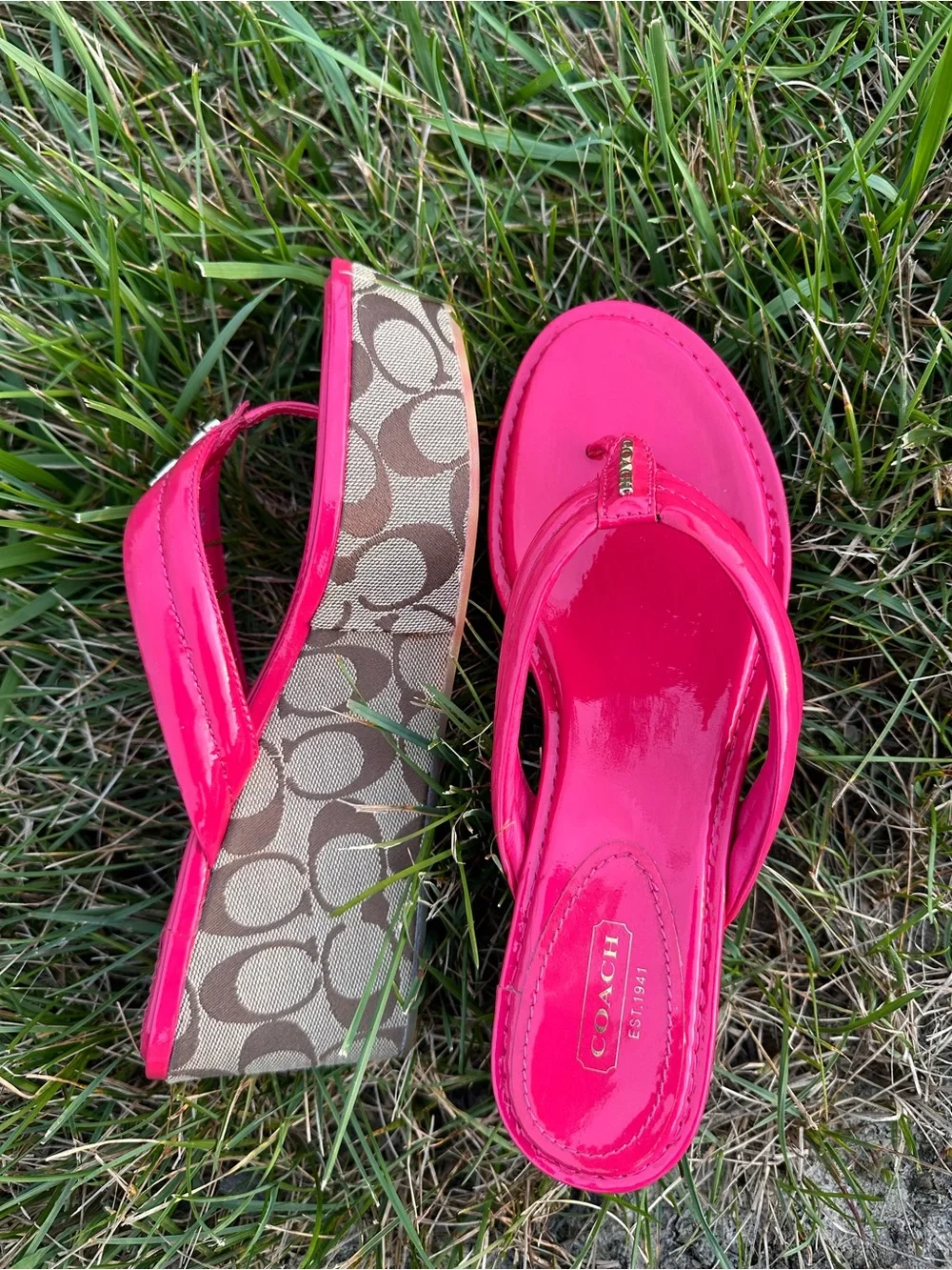 Coach Patent Leather Thong Sandals - Bright Red